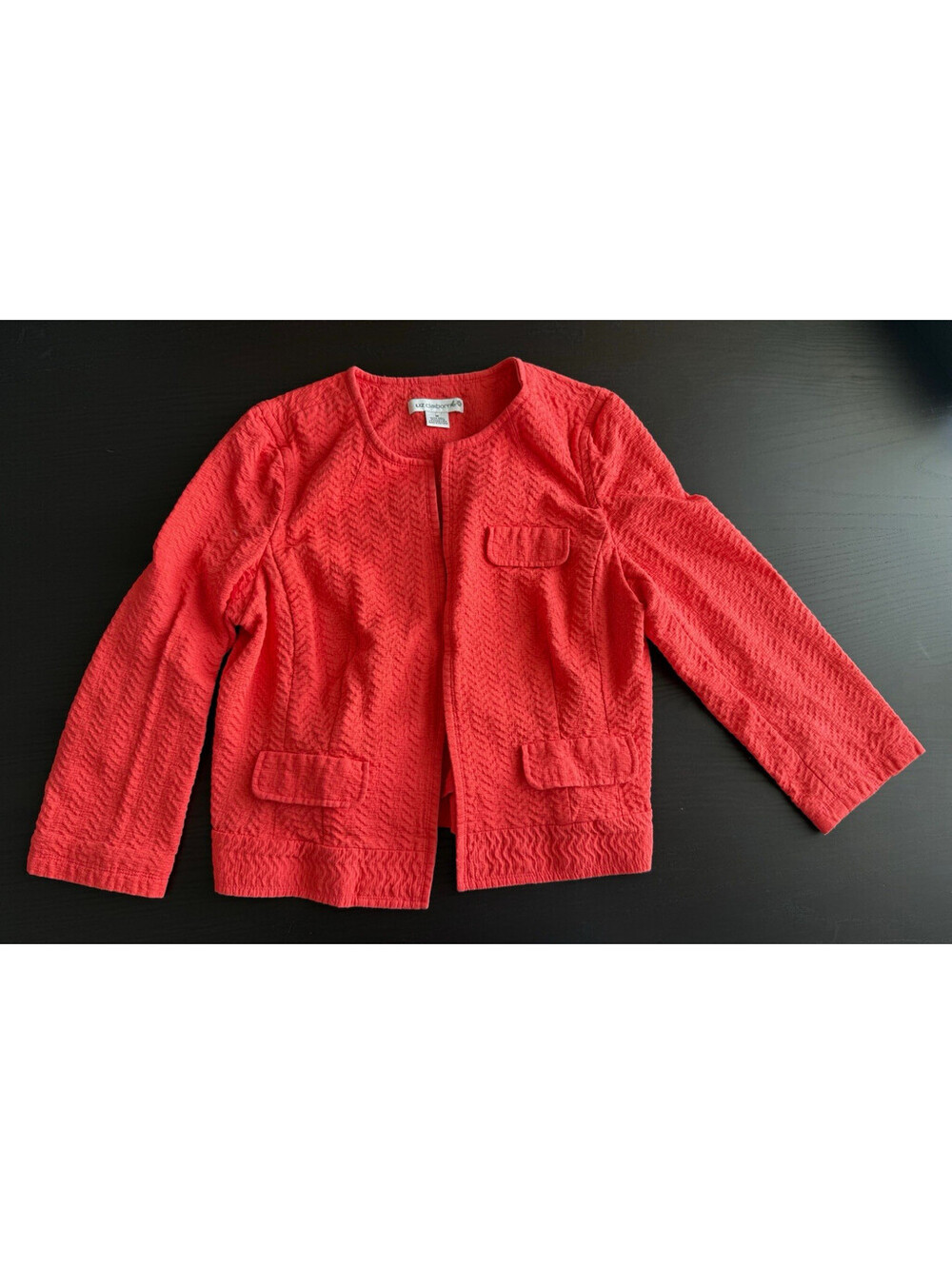 Liz Claiborne Coral Textured Chevron Open Front Jacket Blazer Flap Pocket Medium